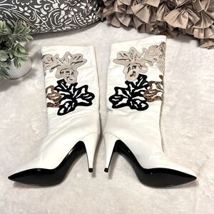 Vintage Retro Creazoni Mary Popps Italy Cutout Applique Knee-high Leather Boots